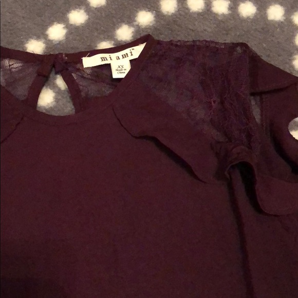 Plum colored lace cold shoulder top. - Picture 2 of 4